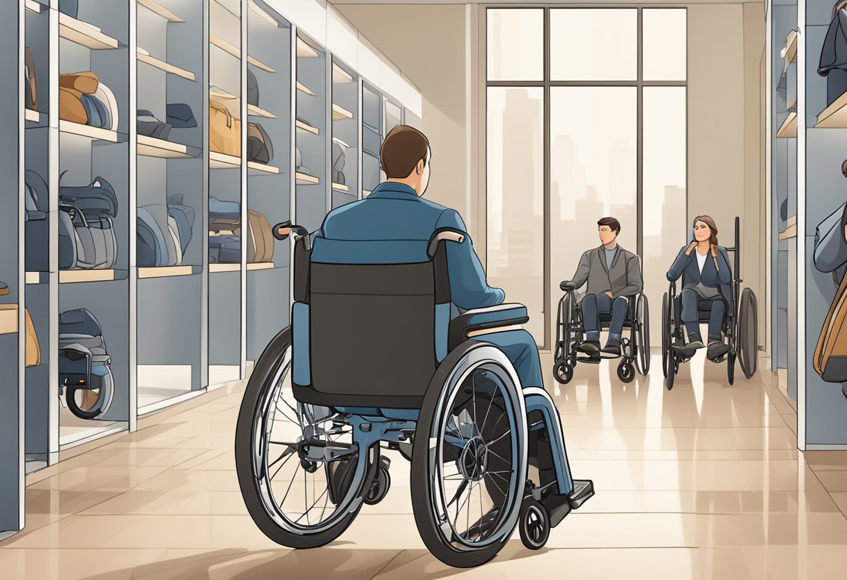 A person selects a wheelchair from a variety of options in a well-lit and spacious showroom
