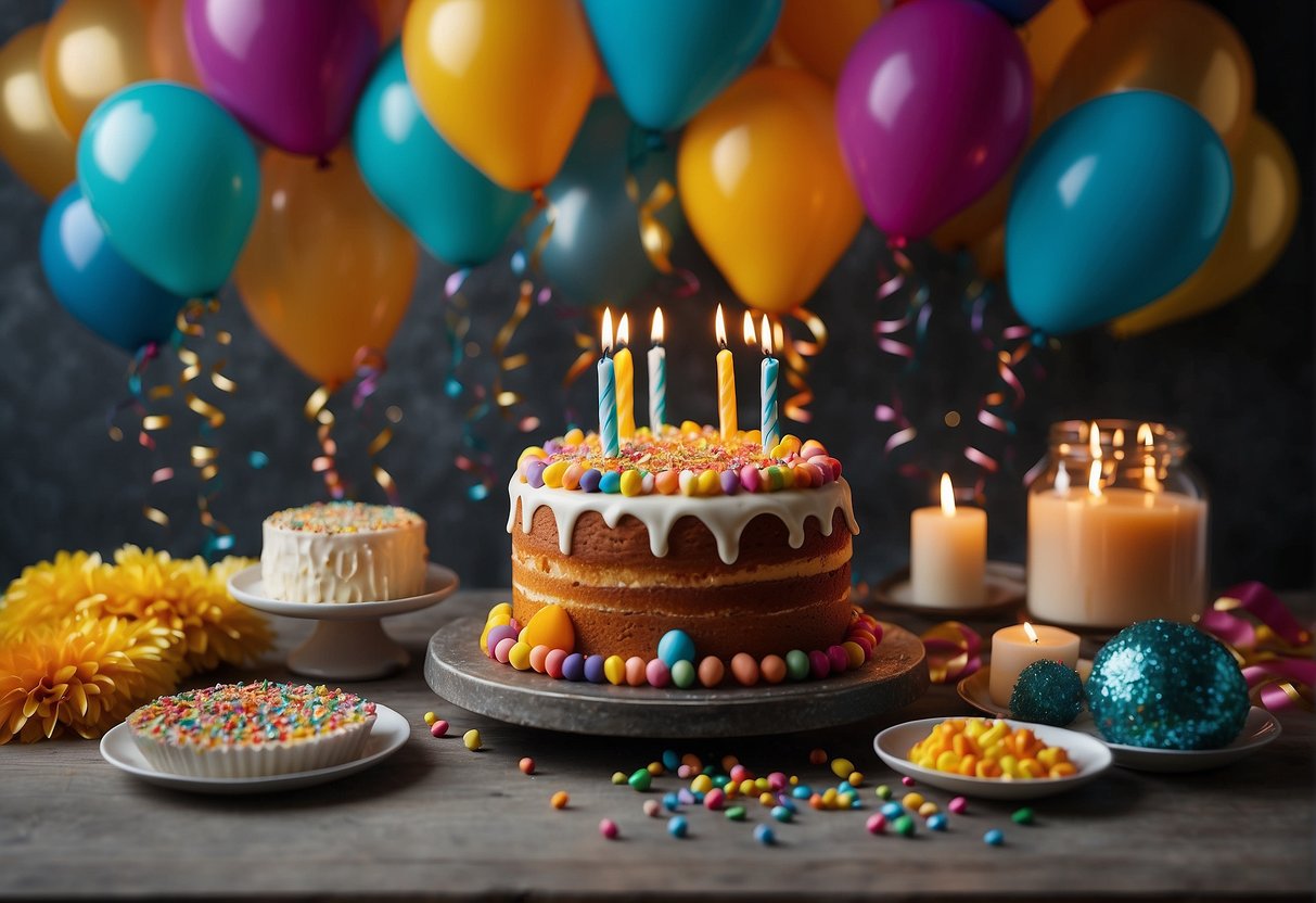 A festive table set with colorful decorations, a cake with 55 candles, and a banner reading "Happy 55th Birthday." Balloons and confetti add to the celebratory atmosphere