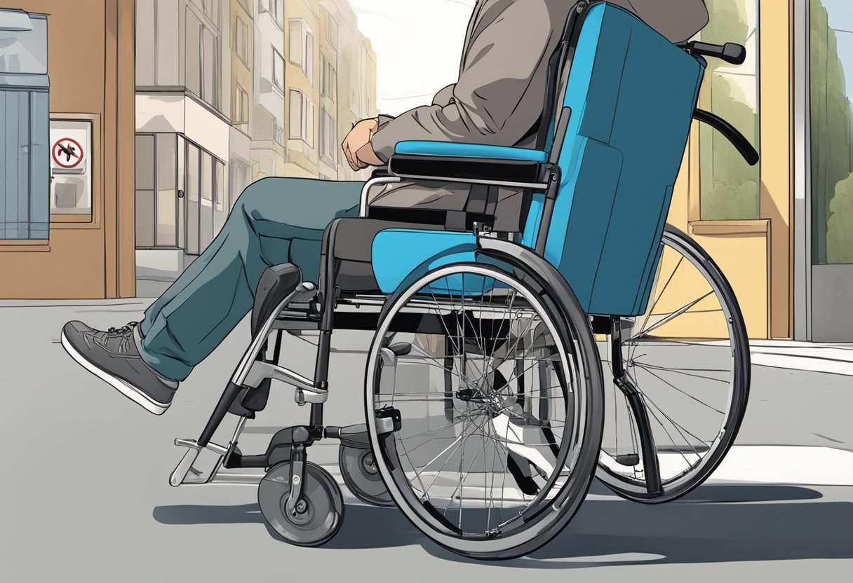 A person in a wheelchair is shown fastening the seatbelt and adjusting the footrests, with a clear "No Smoking" sign visible nearby