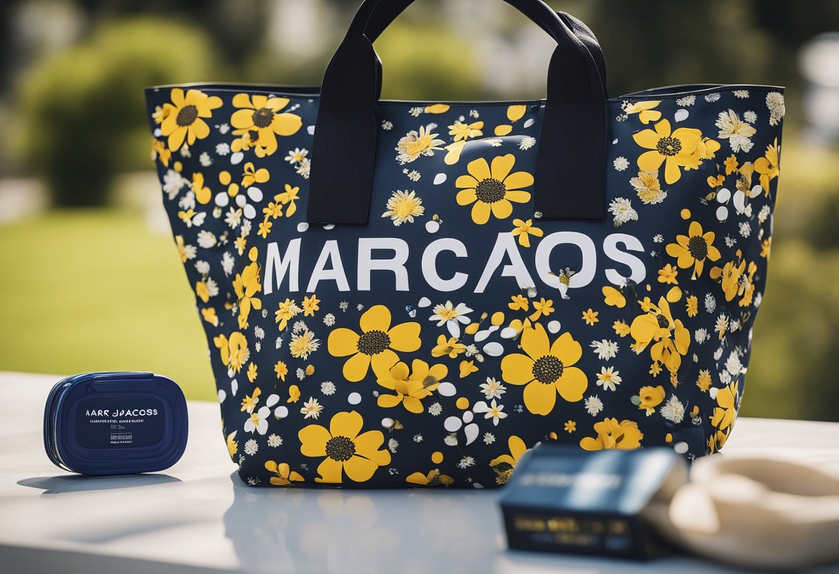 A Marc Jacobs tote bag sits on a clean surface, with a soft cloth and mild detergent nearby for care and maintenance