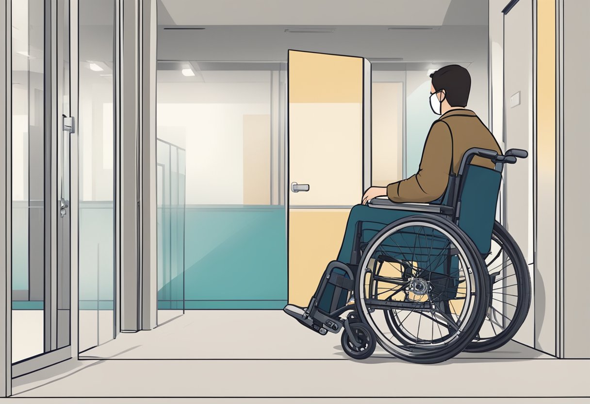A wheelchair user navigating through a doorway with the help of a ramp and using proper body positioning and hand placement on the wheels
