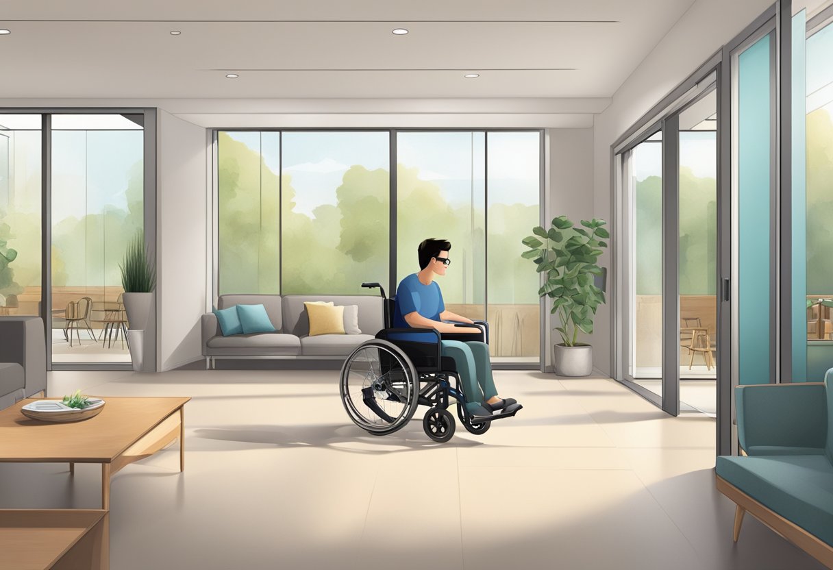 A wheelchair user navigates through a spacious, well-lit room with accessible furniture and wide doorways. A ramp leads to an outdoor area with smooth paths and handrails