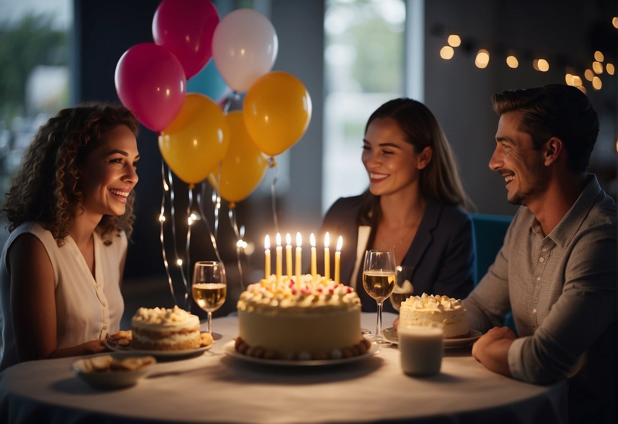 A festive table with balloons, cake, and presents. Guests chatting and laughing, while the birthday person smiles and blows out candles