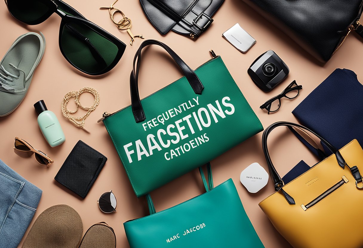 A colorful tote bag with the words "Frequently Asked Questions" and "Marc Jacobs" printed on it, surrounded by various fashion accessories