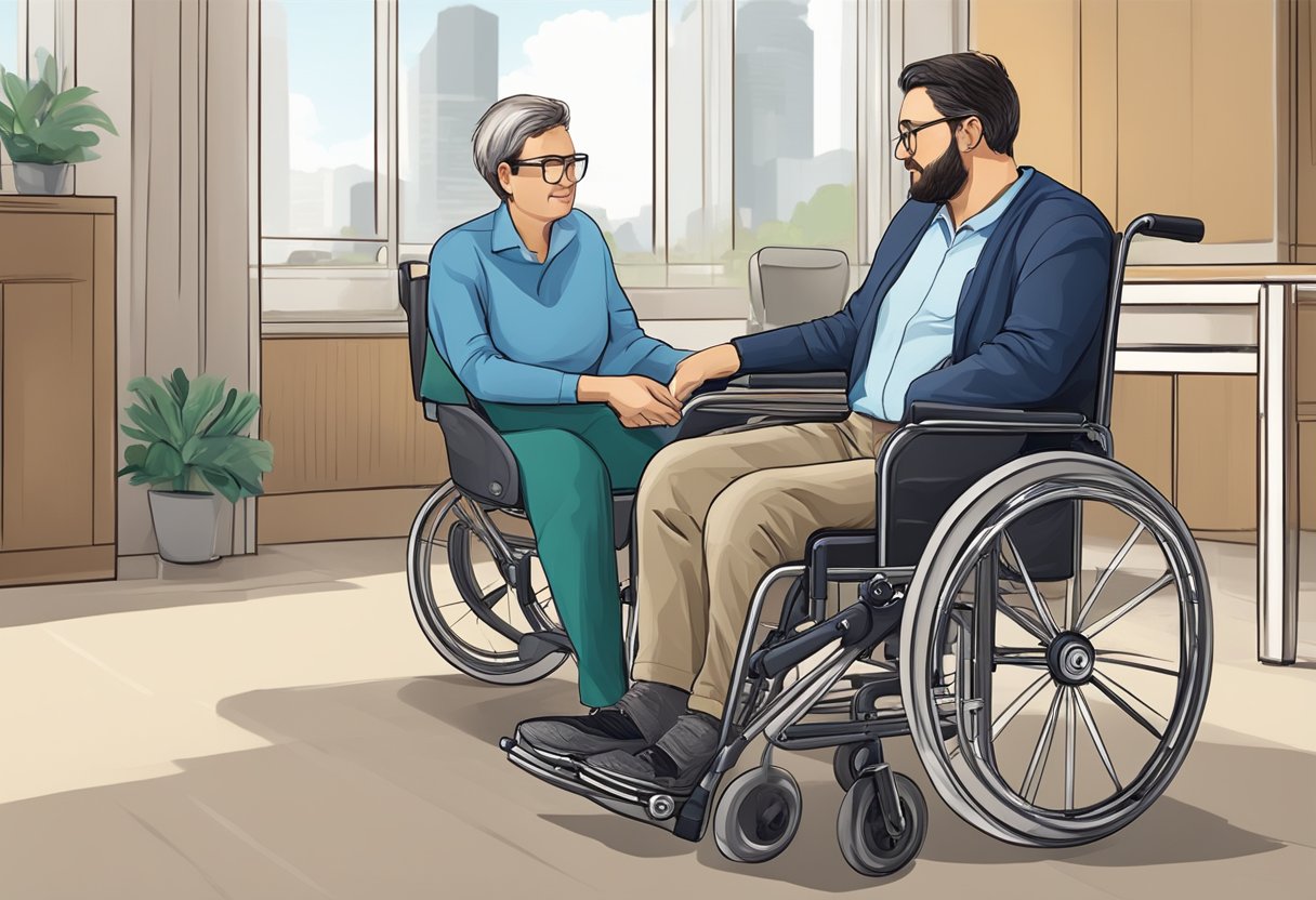 A wheelchair user receives support and guidance from a wheelchair services representative