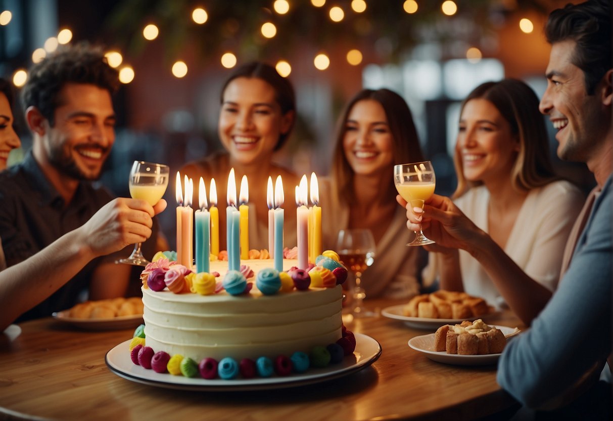 A table set with colorful decorations, a cake with 56 candles, and a group of friends gathered around, laughing and toasting to celebrate a 56th birthday