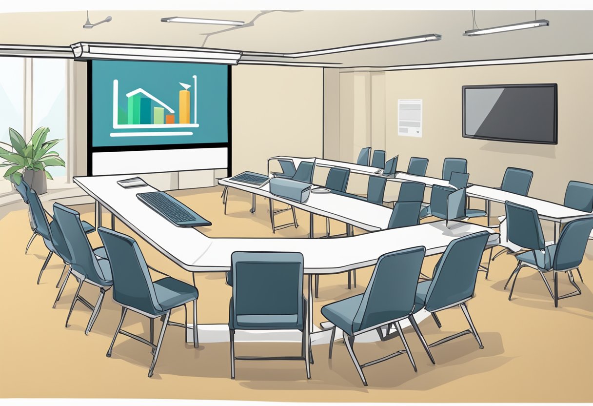 A laptop displaying a PowerPoint presentation with hidden notes, connected to a large screen in a well-lit room with chairs arranged for an audience