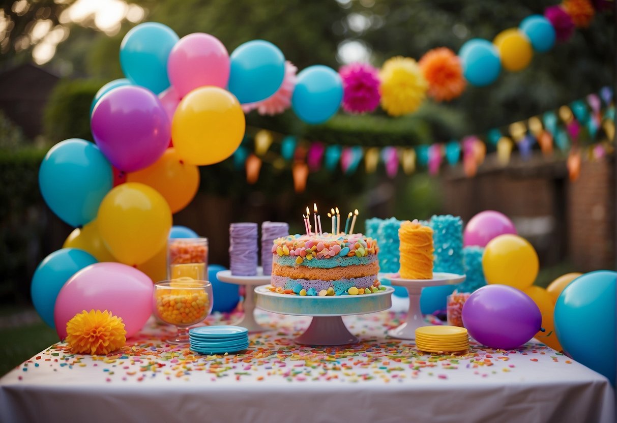 Colorful balloons, streamers, and confetti decorate a backyard. A table is set with DIY craft supplies for guests to make personalized birthday cards and decorations. A cake with 56 candles sits in the center