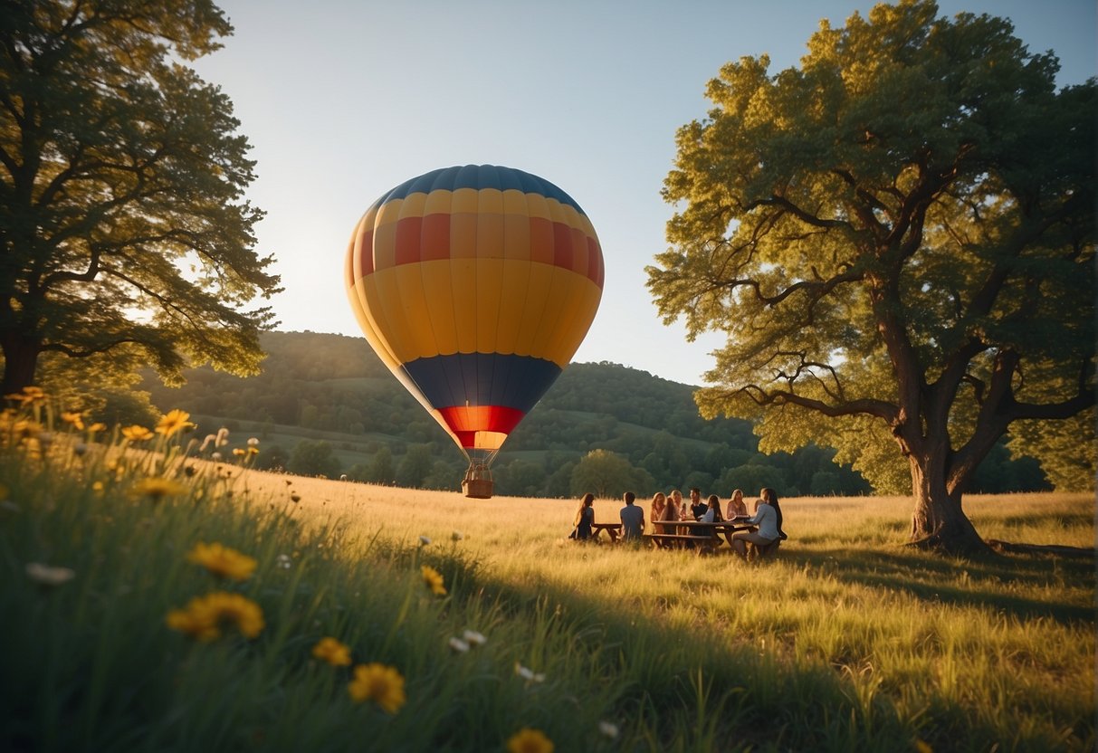 A colorful hot air balloon floats above a serene landscape, while a group of friends enjoy a picnic under a tree, surrounded by vibrant flowers and wildlife