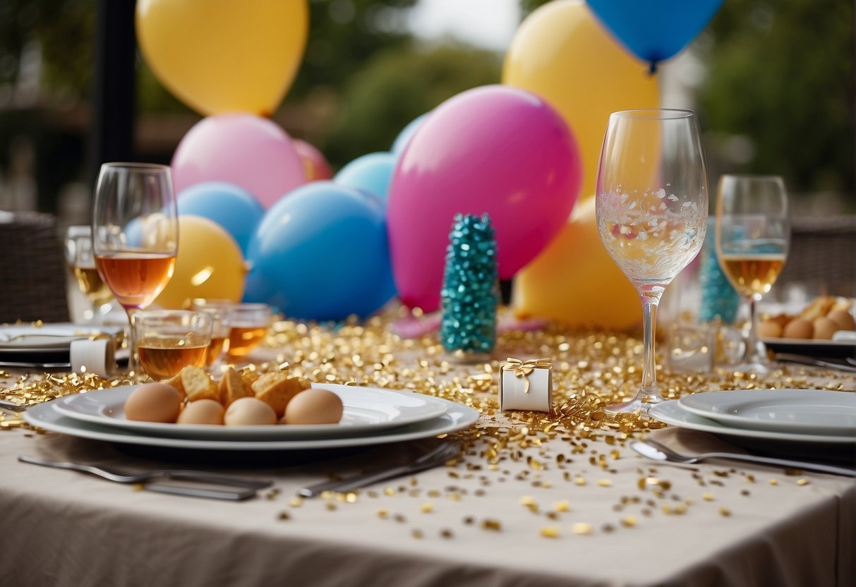 The table set with empty plates and glasses, scattered confetti, and deflating balloons after the 56th birthday celebration