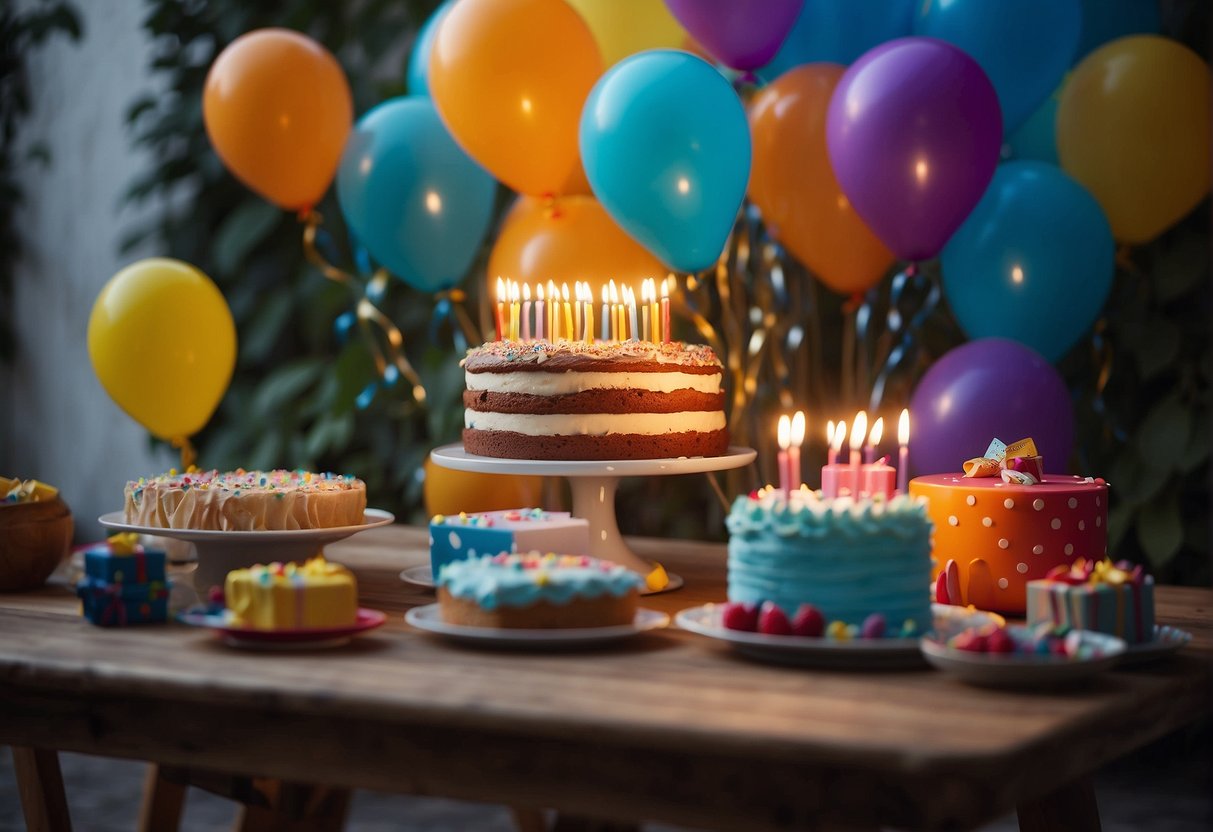 A table set with a colorful birthday cake and candles, surrounded by presents and balloons. A group of friends and family gathered, laughing and chatting