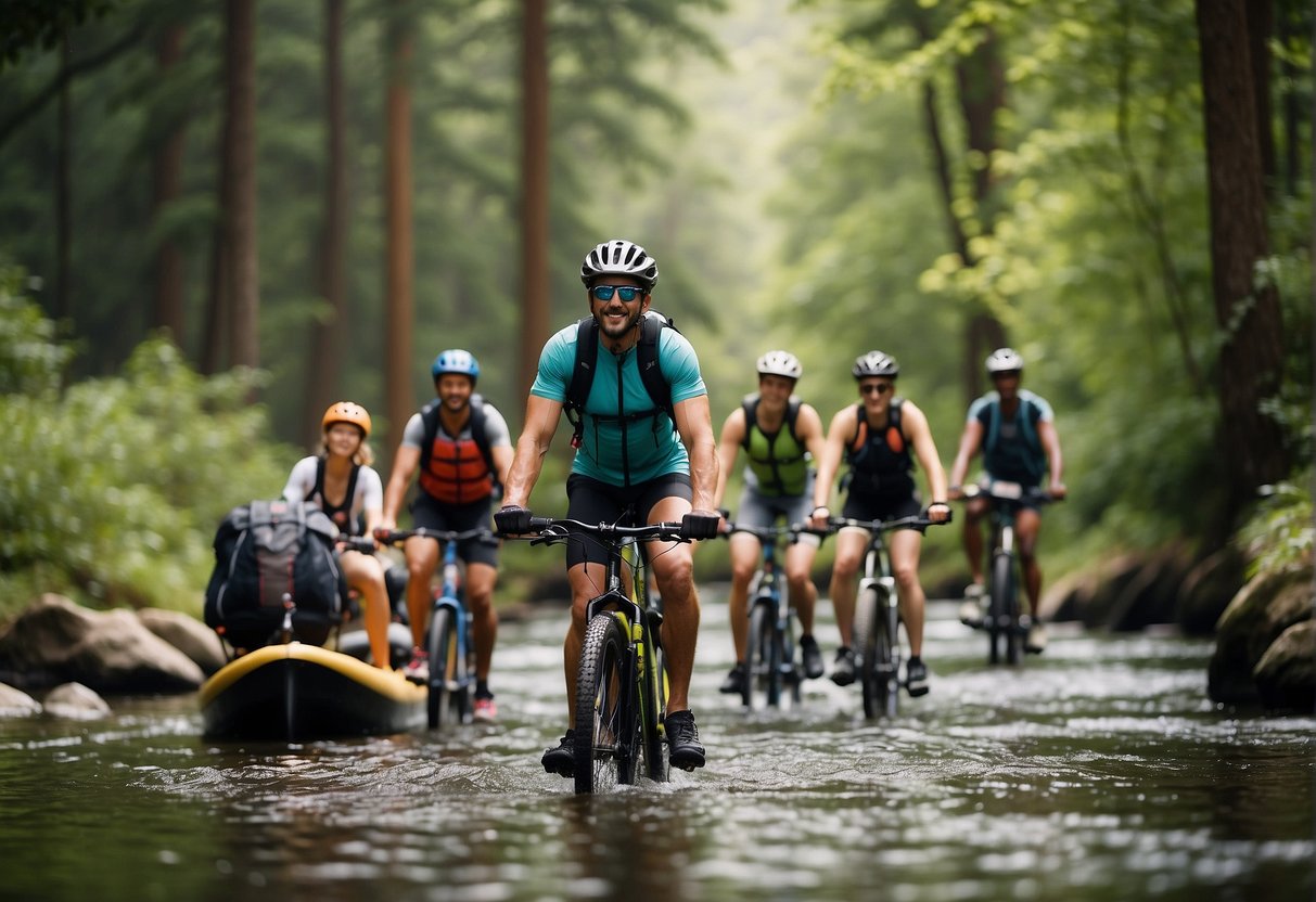 A group of people enjoying outdoor activities like hiking, biking, and kayaking in a beautiful natural setting on a sunny day