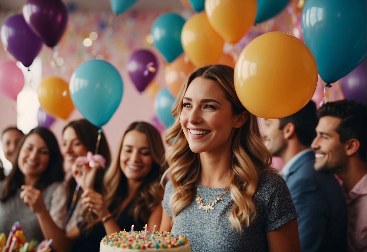 Colorful balloons, confetti, and a large birthday cake surrounded by smiling guests. Streamers and decorations adorn the room, while music and laughter fill the air