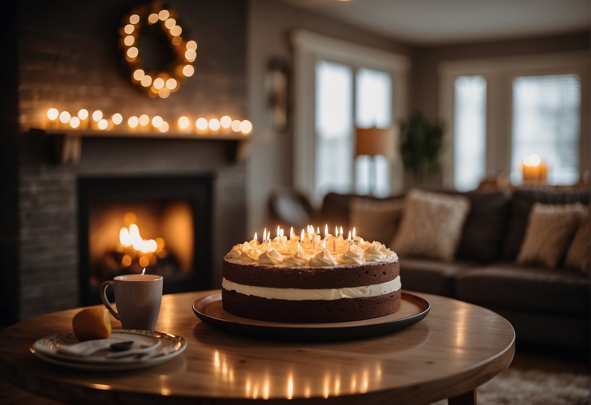 A cozy living room with a cake on the table, surrounded by family photos and a warm, glowing fireplace