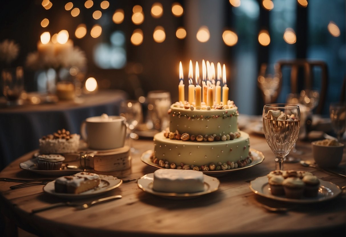 A table adorned with thoughtful gifts and a birthday cake, surrounded by smiling faces and joyful chatter