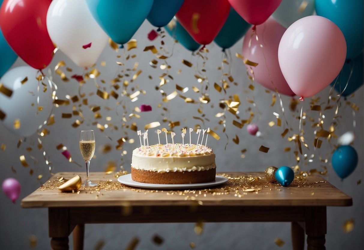 A table scattered with confetti, empty champagne glasses, and half-eaten cake. Balloons deflating in the corner, while a banner reading "Happy 57th Birthday" droops from the wall