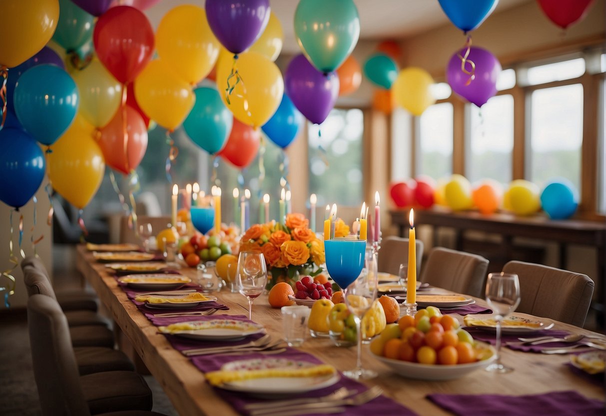 Colorful decorations adorn a spacious room, with a long table set for a festive meal. A banner reading "Happy 58th Birthday" hangs on the wall, surrounded by balloons and streamers