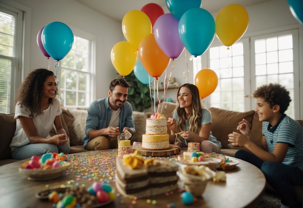 Colorful balloons, streamers, and confetti decorate a cozy living room. A table is set with a homemade cake and presents. A family of four smiles and laughs while playing board games