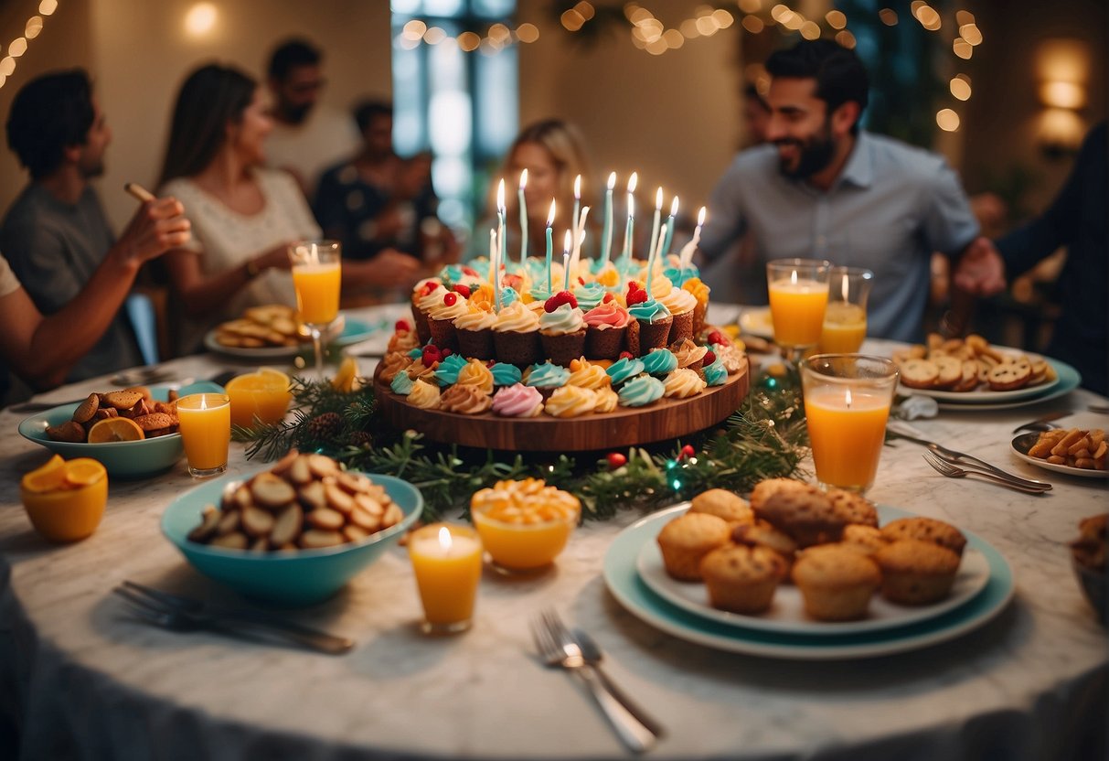 A festive table with a colorful array of birthday treats and decorations, surrounded by friends and family in a joyful celebration