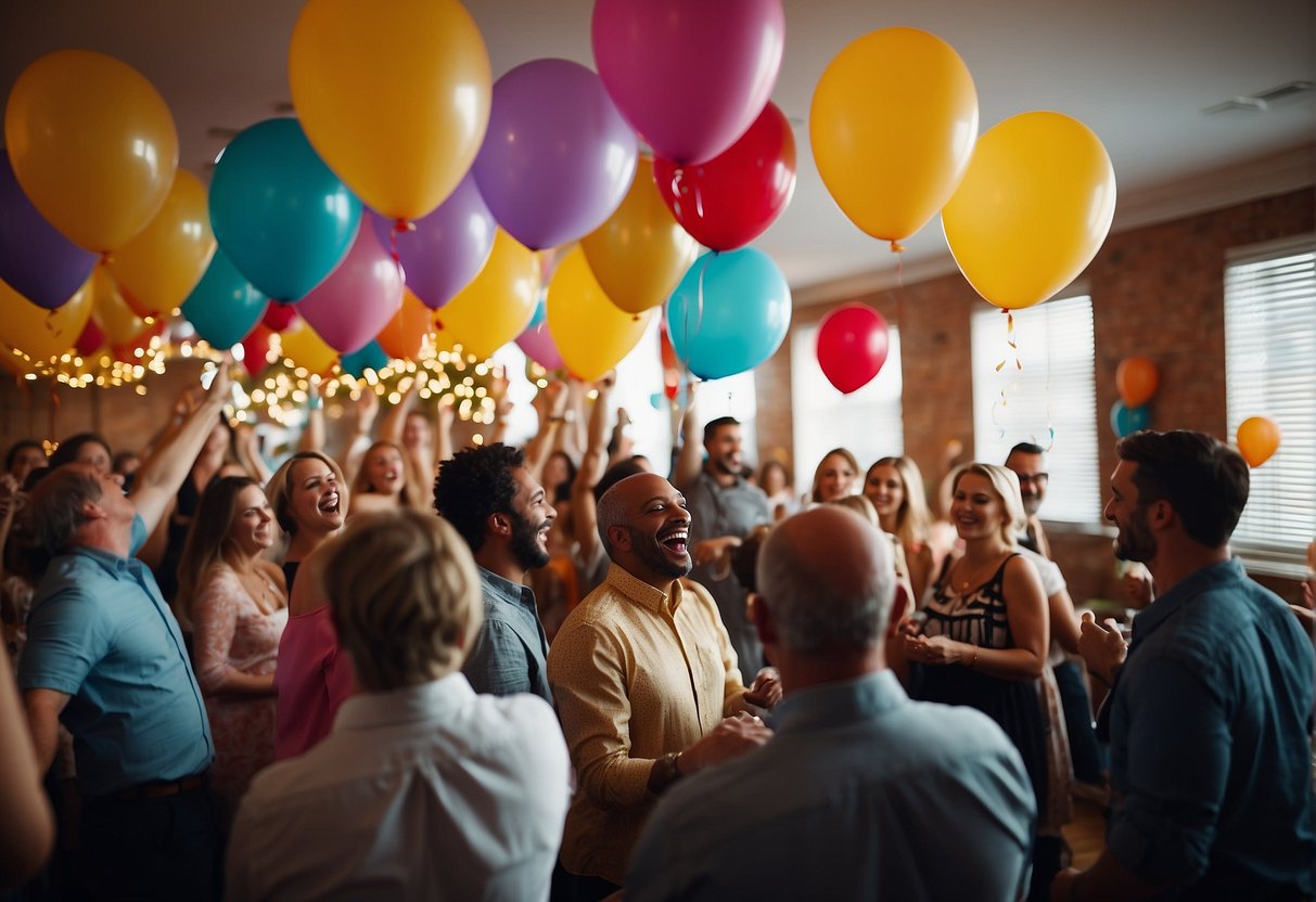 A lively party with music, dancing, and laughter. Brightly colored decorations and balloons fill the room. Guests mingle and enjoy games and activities