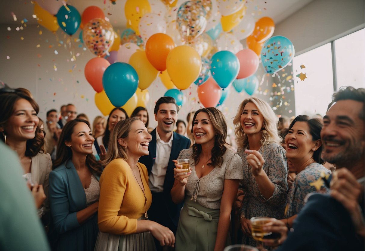 Colorful balloons, confetti, and a large birthday cake surrounded by smiling guests at a lively 58th birthday celebration