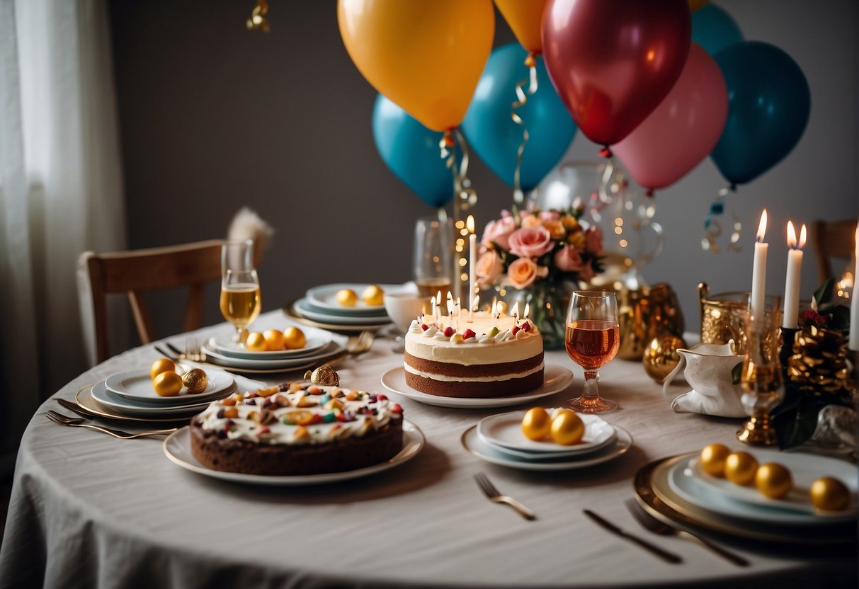 A festive table with birthday decorations and a cake surrounded by presents and balloons