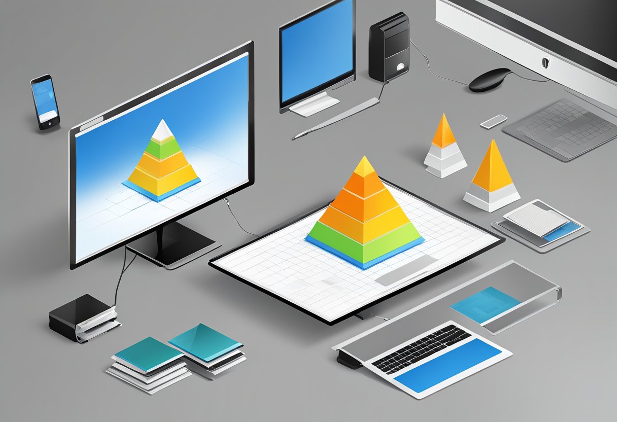A computer screen showing a step-by-step process of creating a pyramid in PowerPoint, with the software interface and mouse cursor