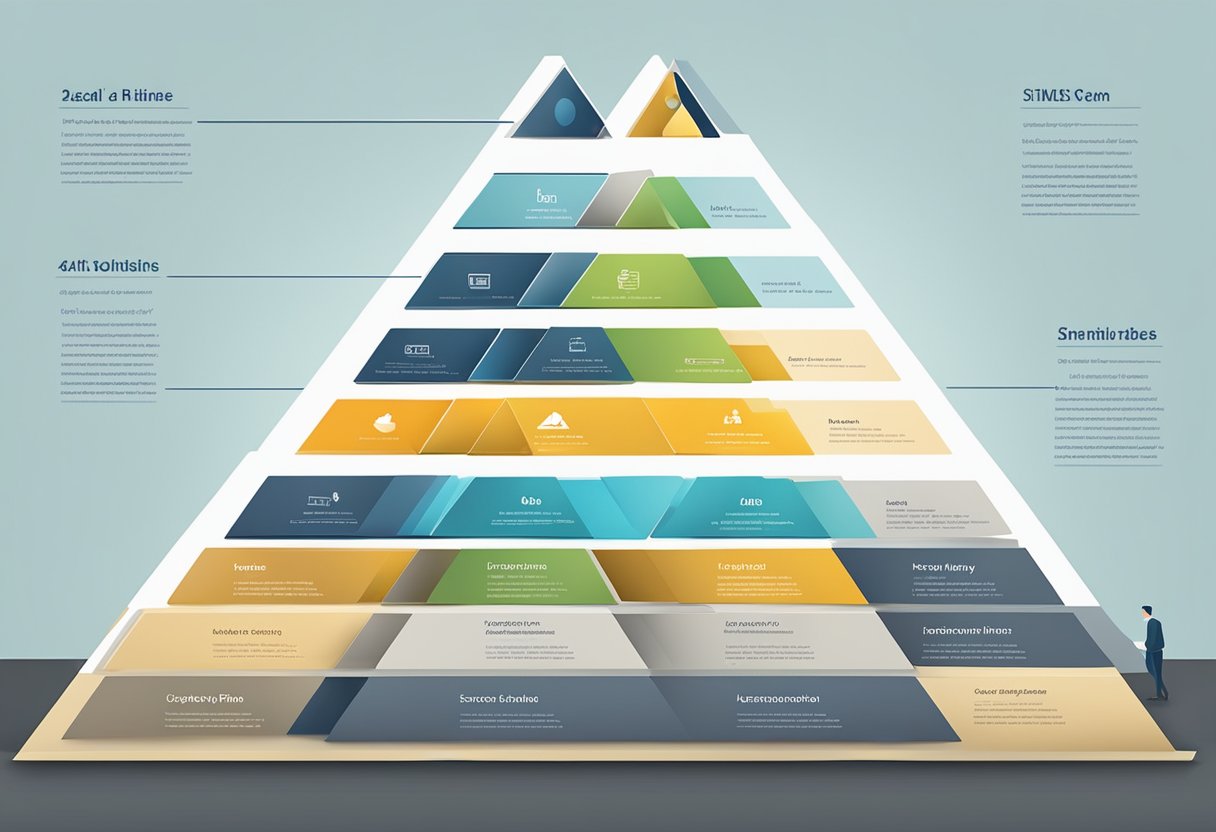 A pyramid graphic is being built in PowerPoint using shapes and alignment tools. Text is being added to each section to convey information