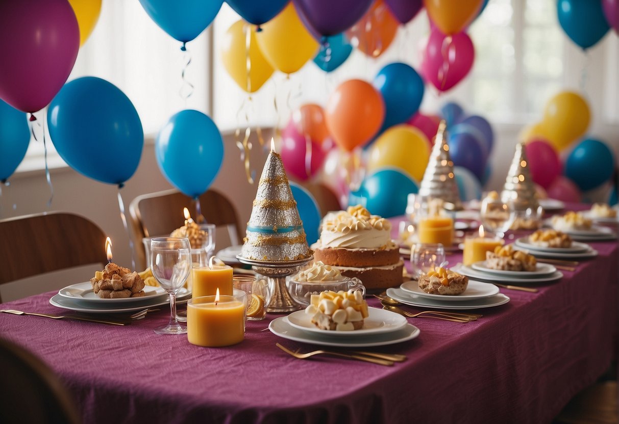 A table set with decorations, cake, and party favors for a 59th birthday celebration. Balloons and streamers adorn the room, creating a festive atmosphere