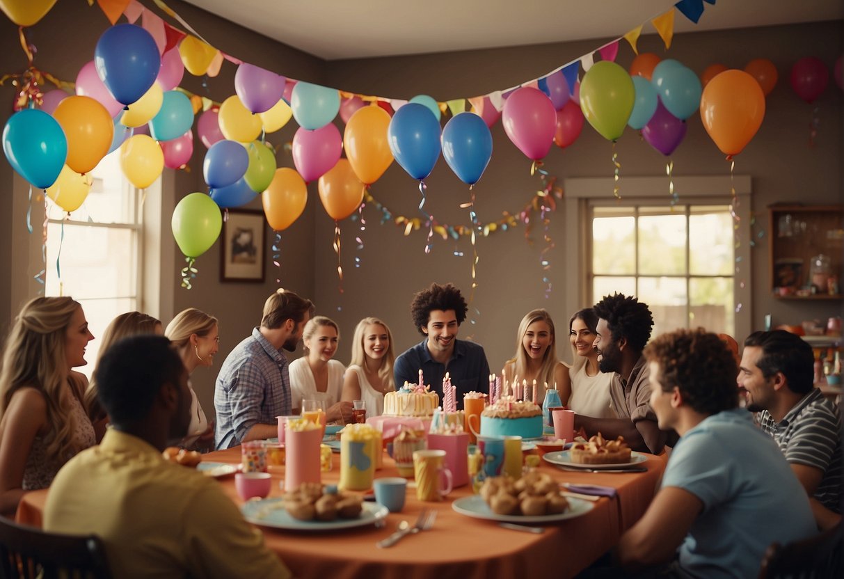 A colorful banner hangs above a table filled with party favors and a birthday cake. Balloons and streamers decorate the room, while a group of friends and family members gather for a celebration