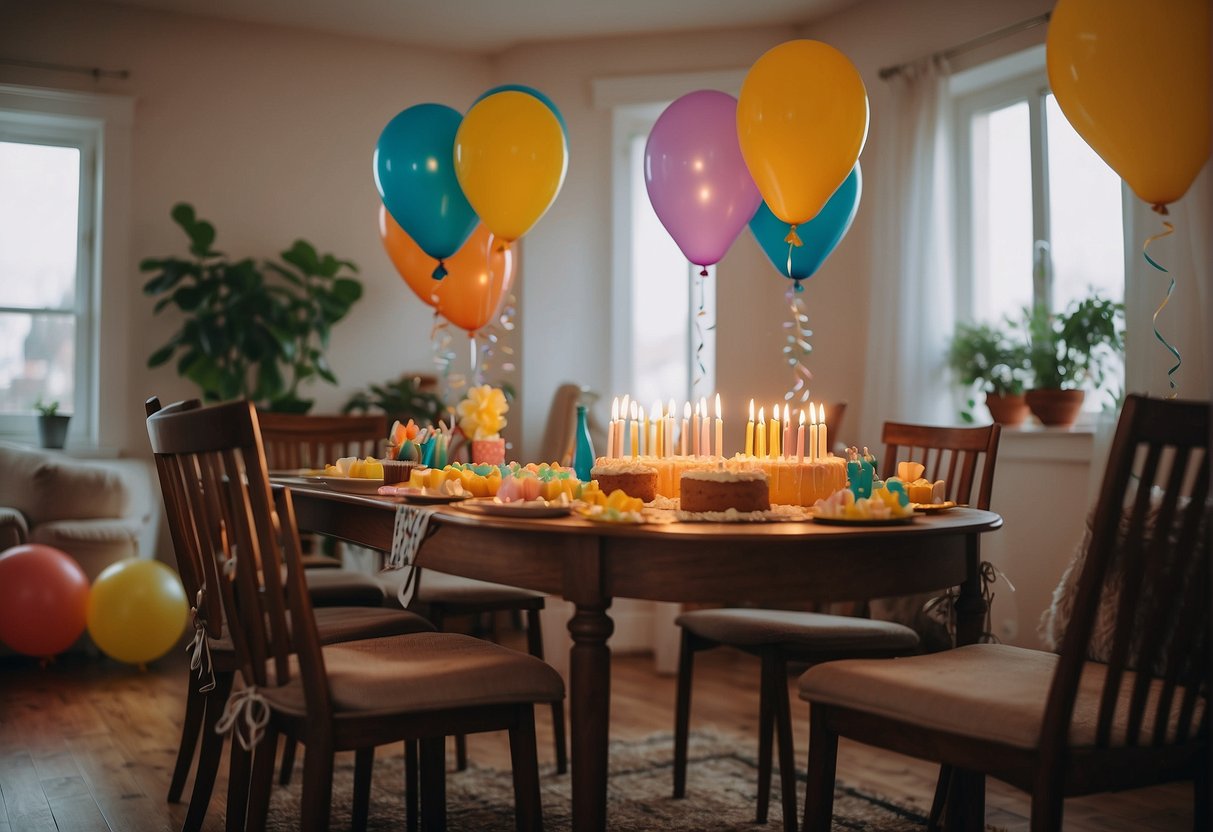 Colorful decorations, balloons, and banners adorn the cozy living room. A birthday cake with 59 candles sits on the table, surrounded by presents and smiling family photos