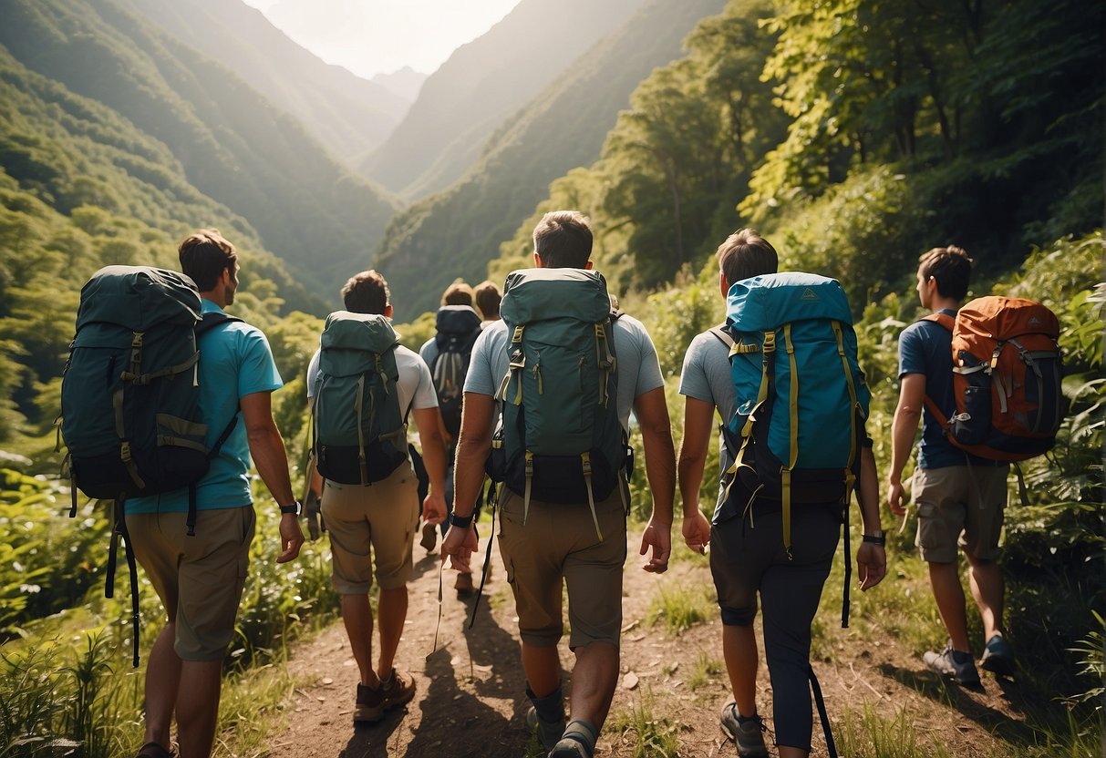 A group of people hiking through a lush forest, with a clear blue sky and a mountain in the background. They are carrying backpacks and wearing hiking gear, with a sense of excitement and adventure in the air