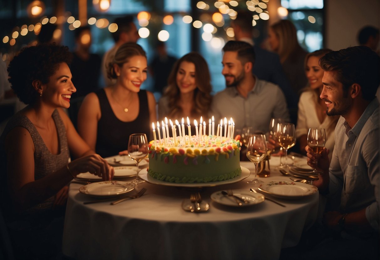 A festive table with colorful decorations, a large birthday cake with 60 candles, and guests mingling and laughing in celebration