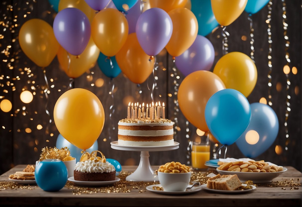 A festive table with balloons, confetti, and a large "60" cake. Streamers and banners decorate the room. Gifts and cards surround the table