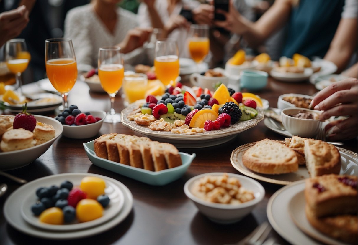 A table adorned with colorful dishes and desserts, surrounded by happy guests raising glasses in celebration