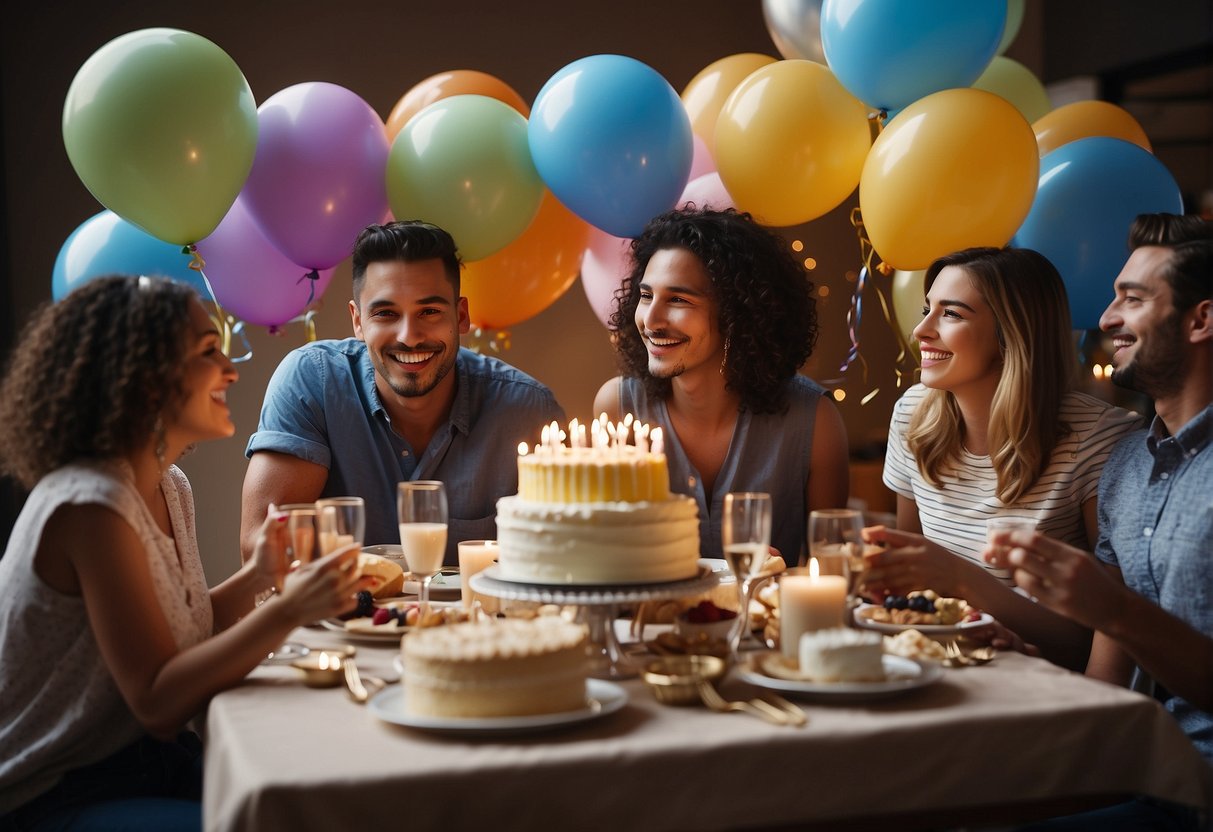 A table set with birthday cake, balloons, and presents. A group of friends and family gather around, laughing and celebrating