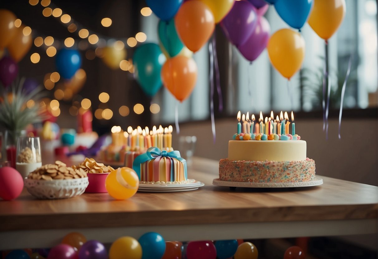 Colorful decorations, balloons, and streamers fill the room. A table is adorned with a birthday cake and presents. Guests mingle and laugh, enjoying music and games