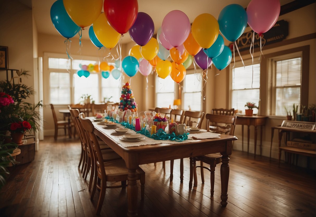 A colorful party room with balloons, streamers, and a table filled with board games, cards, and a cake with "Happy 61st Birthday" written on it