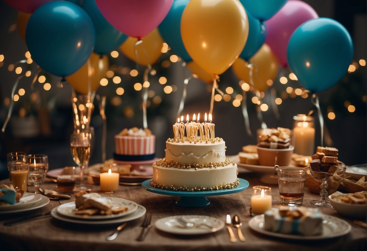 A table adorned with presents and a birthday cake, surrounded by smiling friends and family. Balloons and decorations add to the festive atmosphere