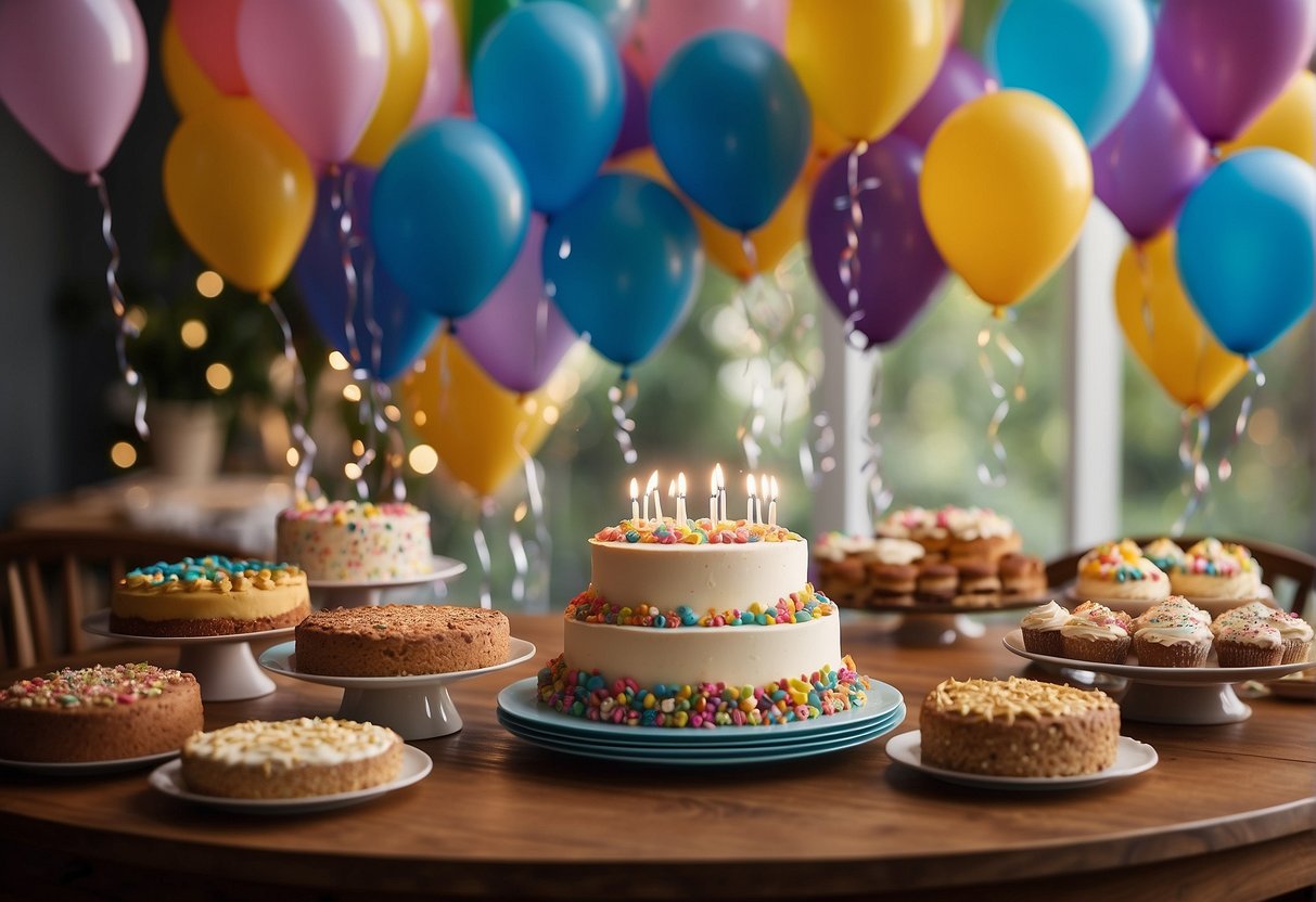 A table set with cake, balloons, and presents. A banner reads "Happy 62nd Birthday." Family and friends gather around, smiling and laughing