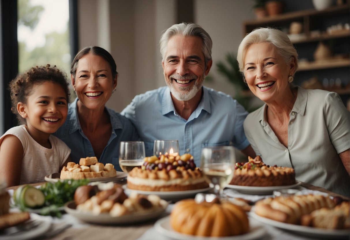 A family gathers around a table filled with food and presents, smiling and laughing together, celebrating a 62nd birthday with love and joy