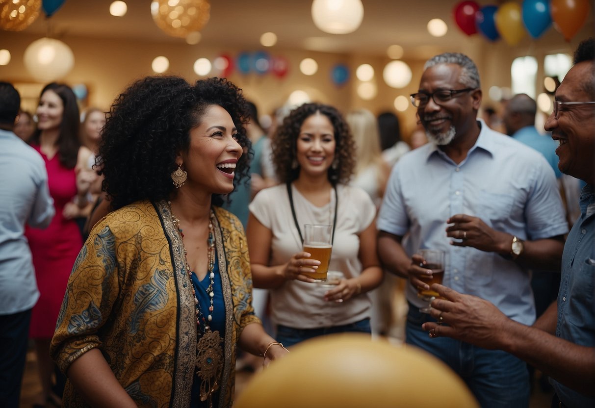 A diverse group enjoys music, dance, and art at a 62nd birthday celebration, representing social and cultural enrichment