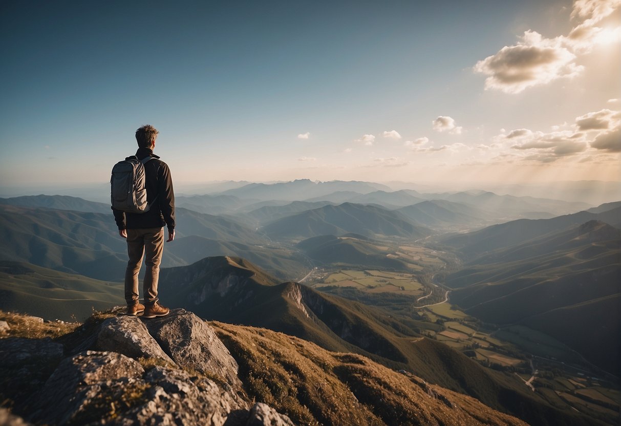 A person standing on a mountain peak, looking out at a vast and beautiful landscape, symbolizing personal growth and new experiences on their 62nd birthday