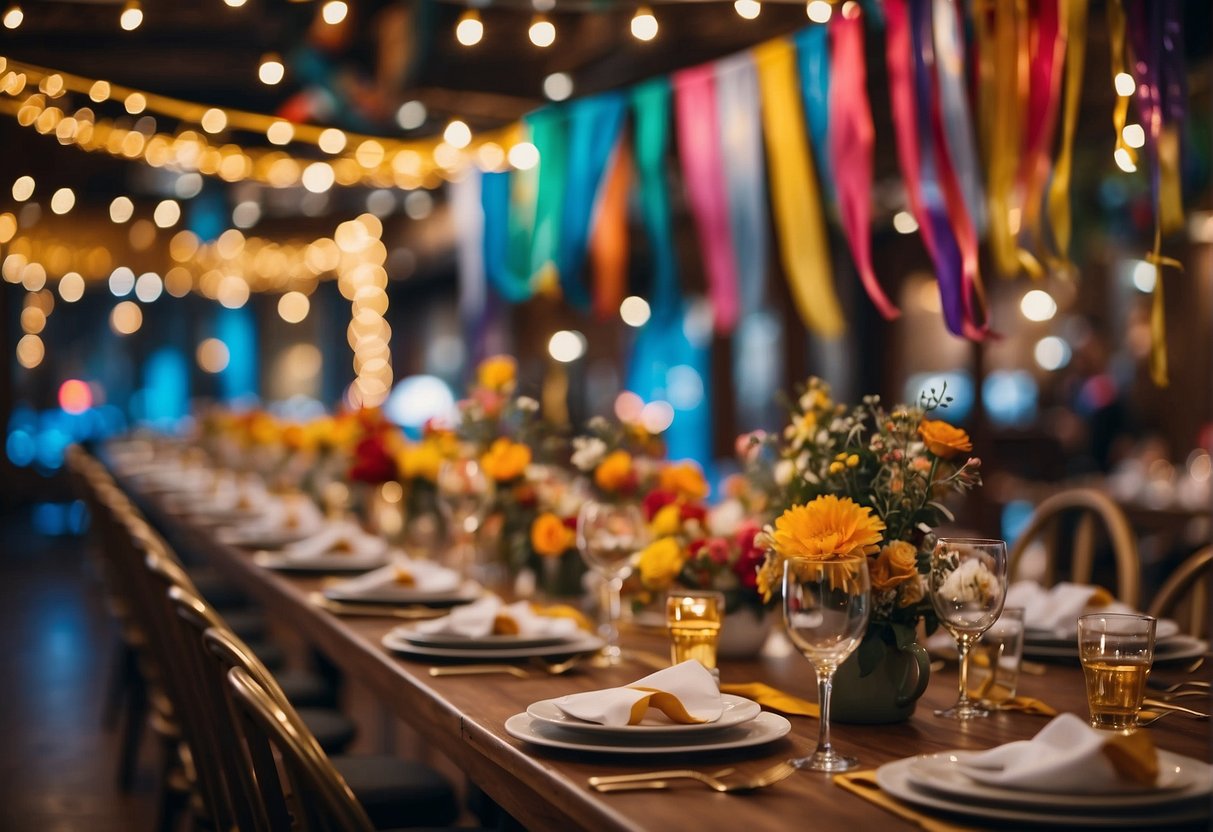 Colorful banners and streamers adorn a lively party space. Tables are filled with festive decorations and a variety of activities for guests to enjoy