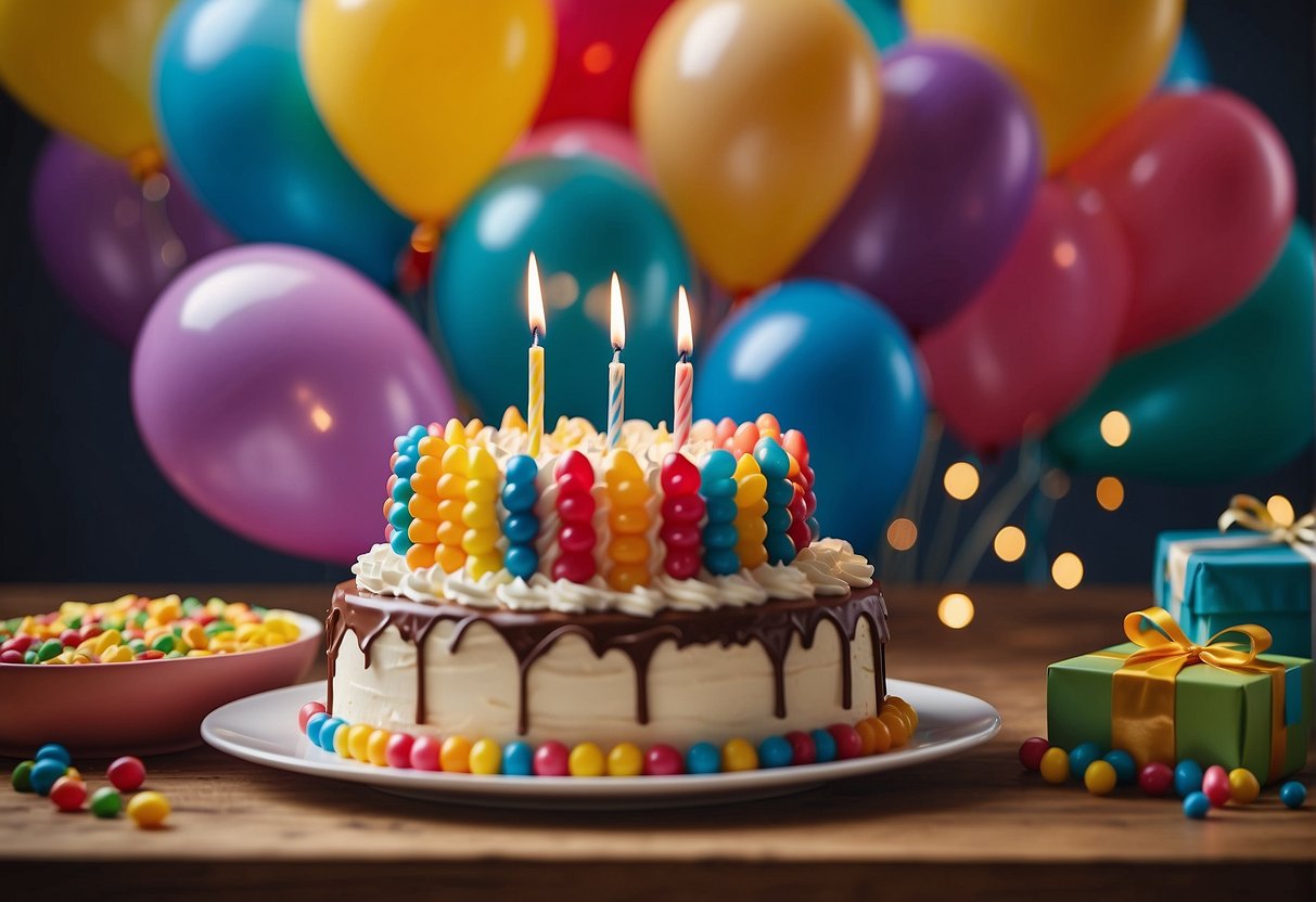 A table set with a colorful birthday cake surrounded by balloons and presents. A group of friends and family gathered around, laughing and celebrating