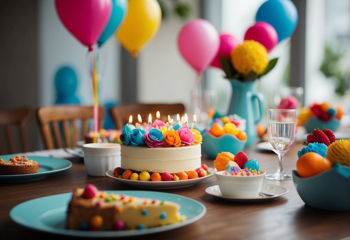 A table set with colorful decorations, surrounded by friends and family, with a birthday cake and presents