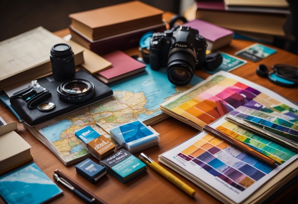 A colorful array of art supplies, a map with travel destinations, and a stack of books on various topics lay on a table