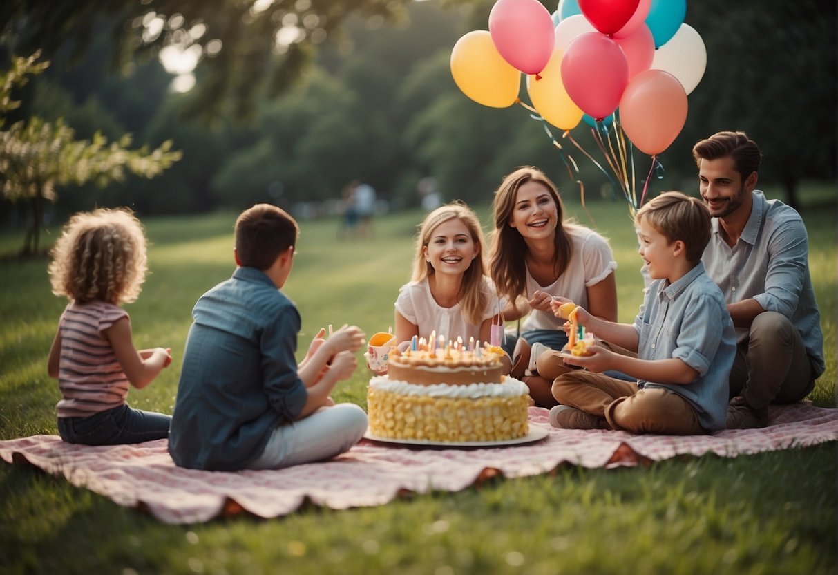 A family picnic in a scenic park, with a large birthday cake, balloons, and a group of people playing games and taking photos