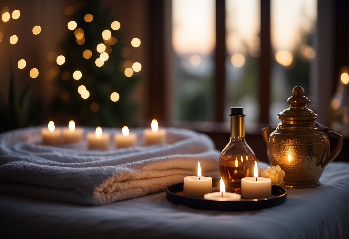 A serene spa setting with candles, soft music, and a cozy robe. A massage table with luxurious oils and a facial mask. A bubbling hot tub and a glass of champagne