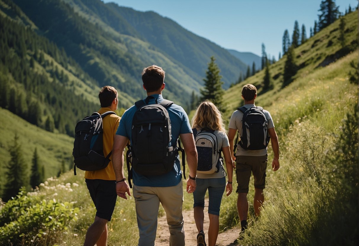 A group of people enjoying a scenic hike in the mountains, with a clear blue sky and lush green trees surrounding them